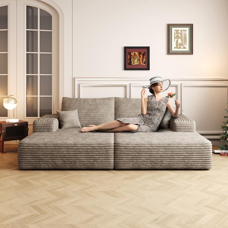 Floor Standing Modular Sleeper Sofa Bed Corduroy Double Chaise Lounger - Camel