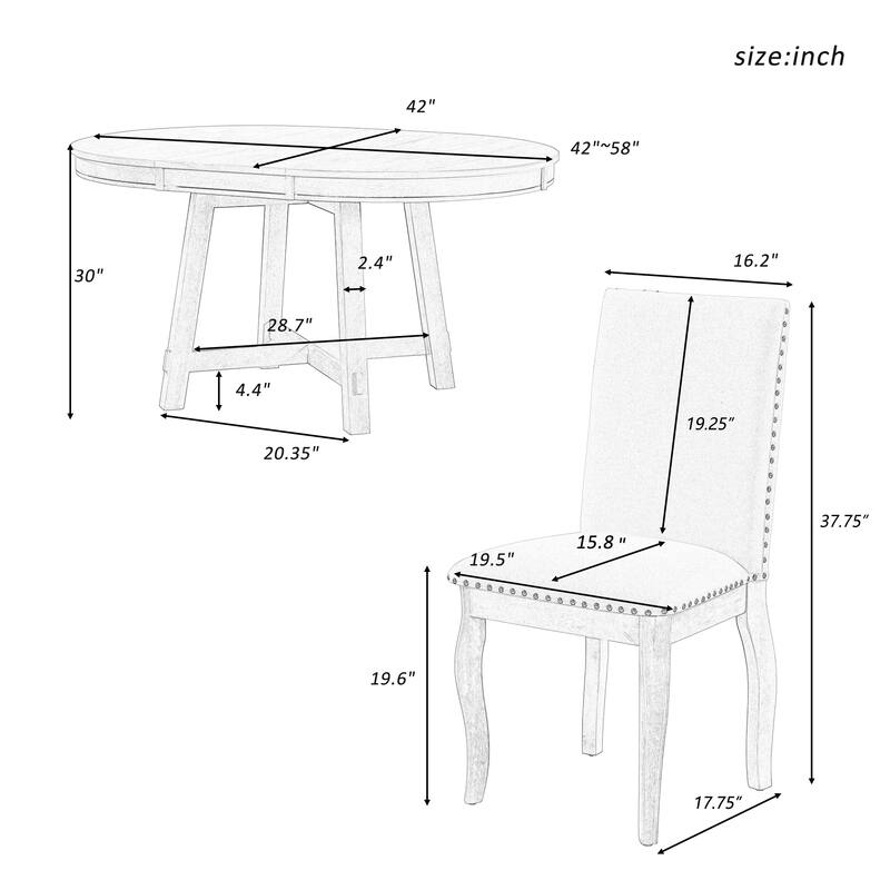 Oak Natural Wood + Antique White Modern 5-Piece Wooden Dining Table Set with Extendable Round Table & 4 Chairs