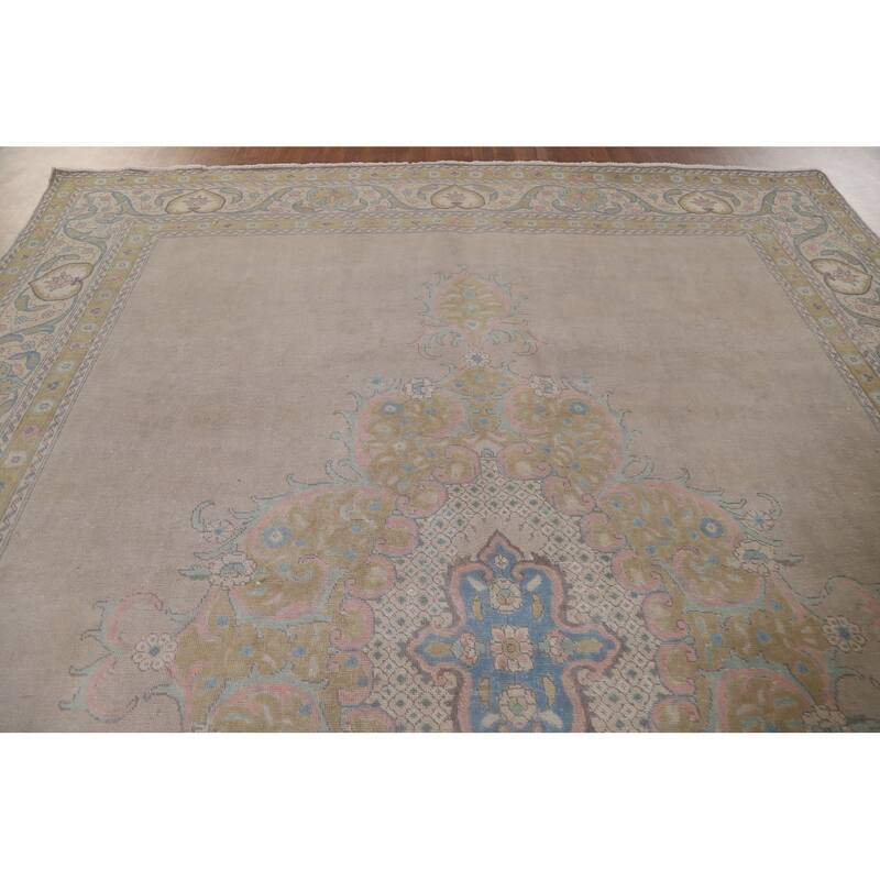 Hand Knotted Oriental 100% Wool Carpet Traditional Medallion Beige & Ivories Tabriz Area Rug - 12' 8'' X 9' 6''