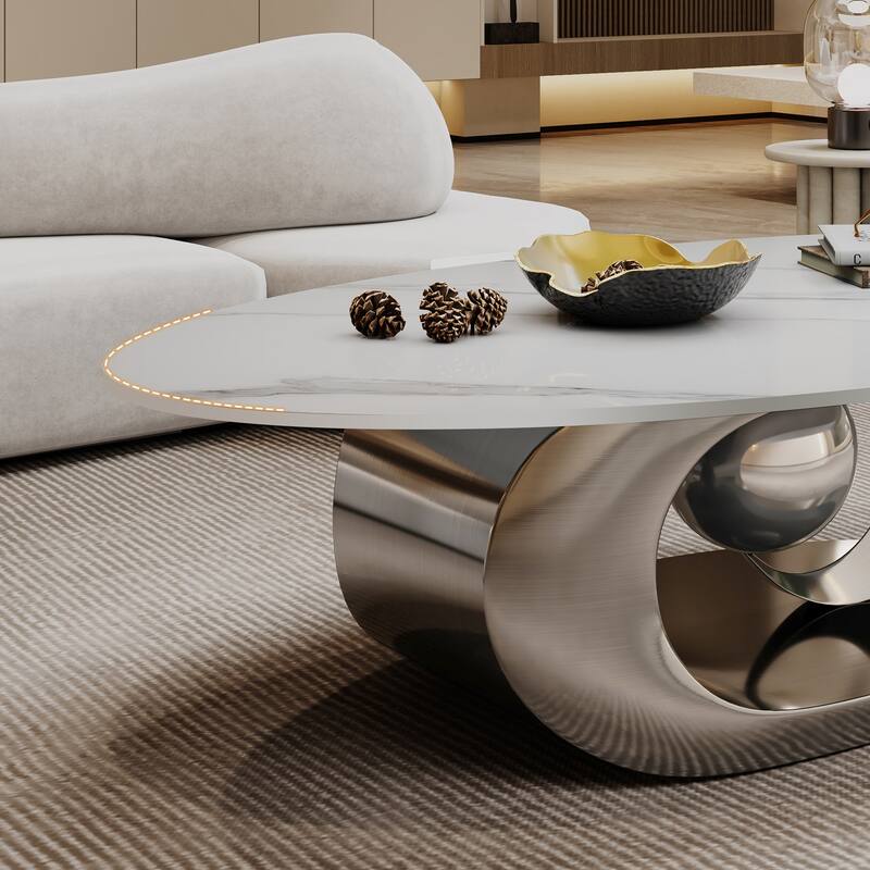49 Inch Marble Top Coffee Table with Stainless Steel Base