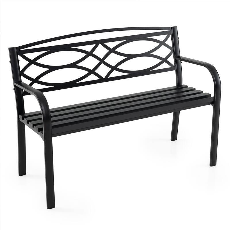 2-Person Outdoor Black Metal Bench with Ventilated Seat and Curved Armrest for Patio or Yard - 19.5" x 45.5" x 32.5"