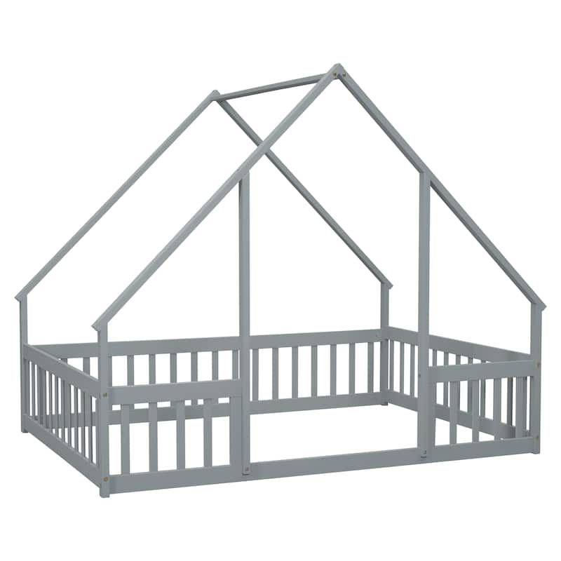 Full Size Pine Wood House-Shaped Floor Bed with Guardrails