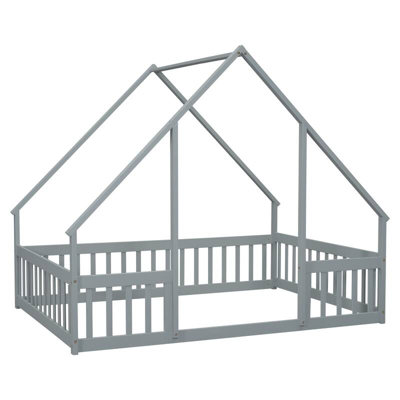 House-Shaped Full Floor Bed with Fence and Guardrails, Grey
