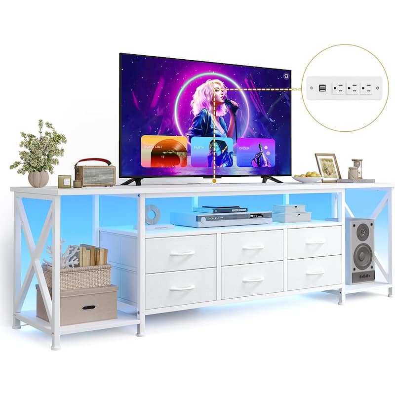 TV Stand with LED Lights Power Outlets Dresser Fabric Drawers Entertainment Center - White - 	‎63"