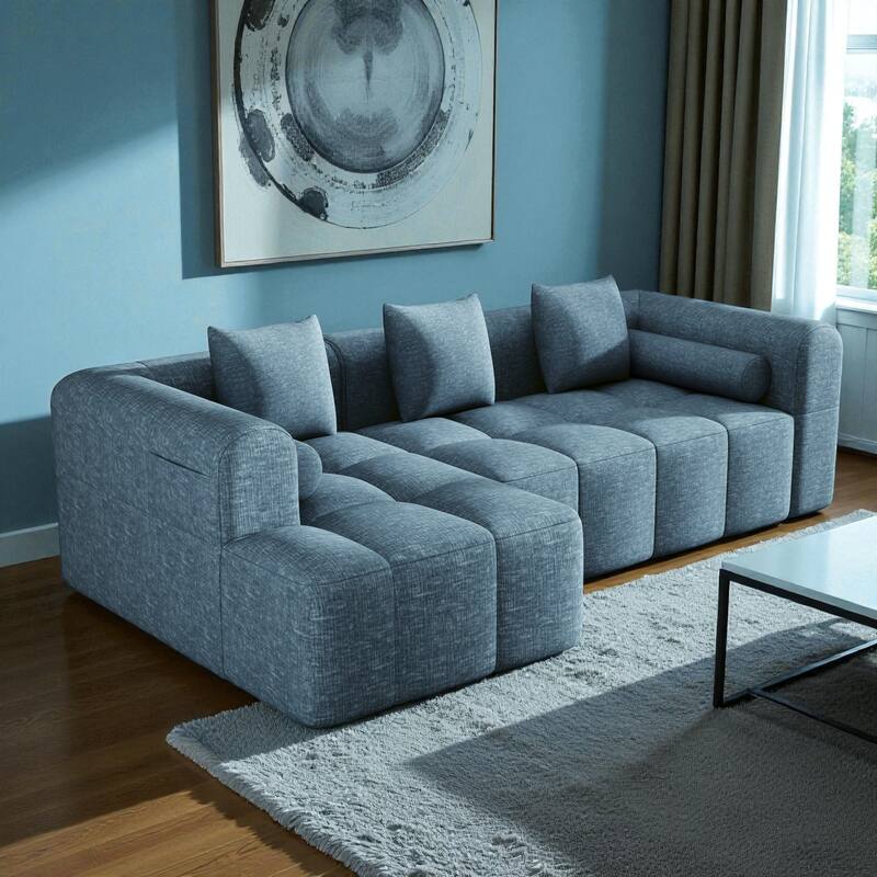 101.2" Modular Sectional Sofa Full-Foam Compressed Couch with Deep Seating Side Pockets Square & Bolster Pillows - Blue