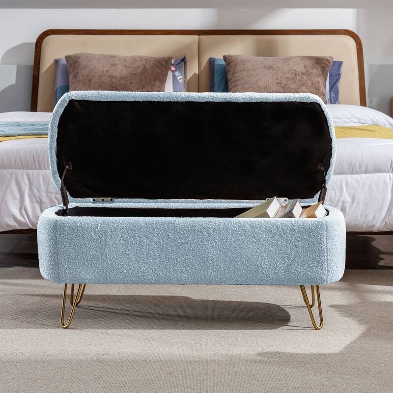 Modern Faux Fur Storage Bench with Gold Legs, Upholstered Ottoman for Living Room and Bedroom