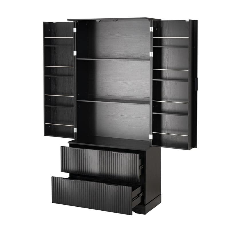 Farmhouse Pantry Cabinet with 2 Drawers & 8-Door Spice Rack – Freestanding Storage for Kitchen, Dining Room, or Office.