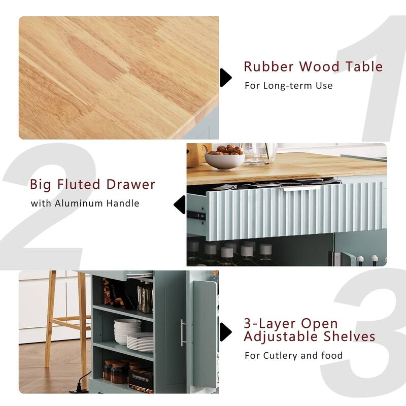 48.50'' Fluted Kitchen Island with Power Outlet, Rolling Wheels, 3 Drawer, 3 Open Side Racks and 10 Gallon Garbage Bin