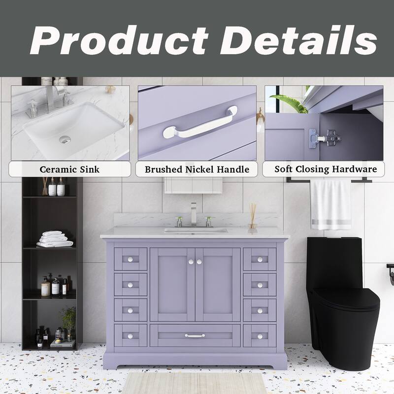 48 inch Plywood Single Sink Freestanding Bath Vanity with White Marble Top - 48" x 22"