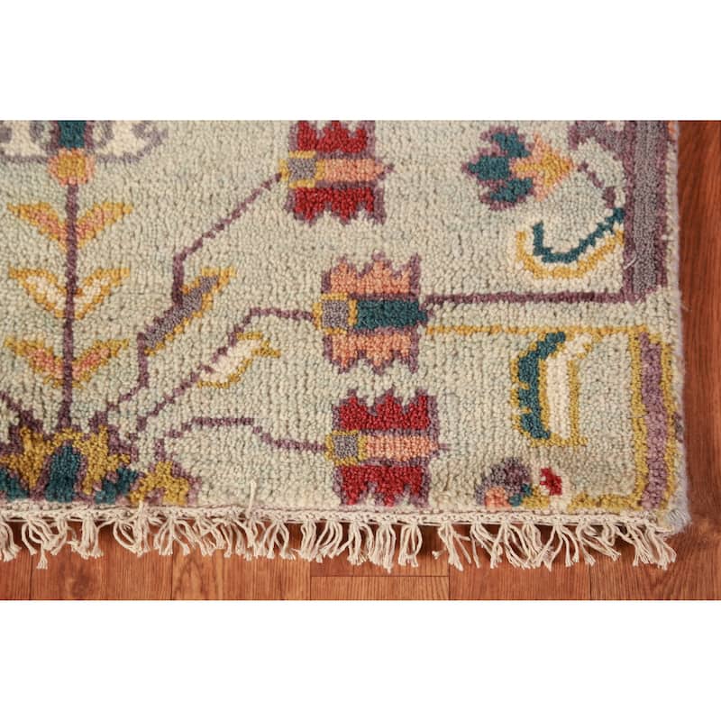 All-Over Muted Green Oushak Runner Rug Hand-Knotted Wool Carpet - 2'6" x 7'10"