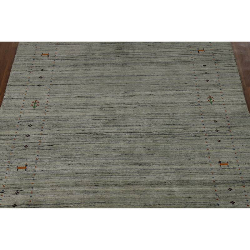 Striped Green Gabbeh Indian Area Rug Handmade Wool Carpet - 5'0" x 8'1"