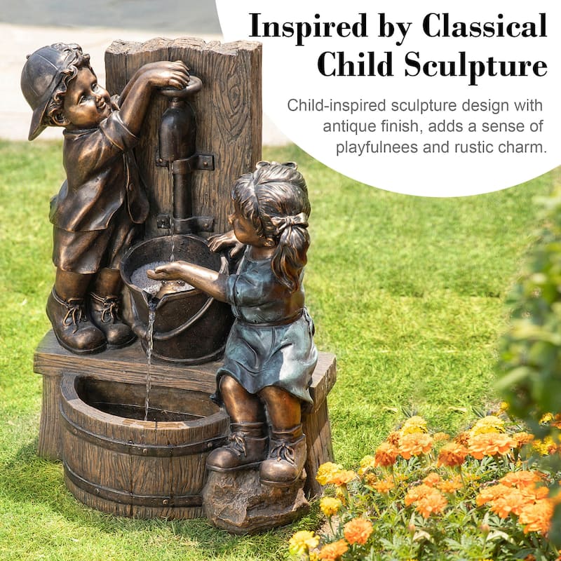 Glitzhome 26"H Polyresin LED Bronze Faucet Boy Girl Outdoor Fountain