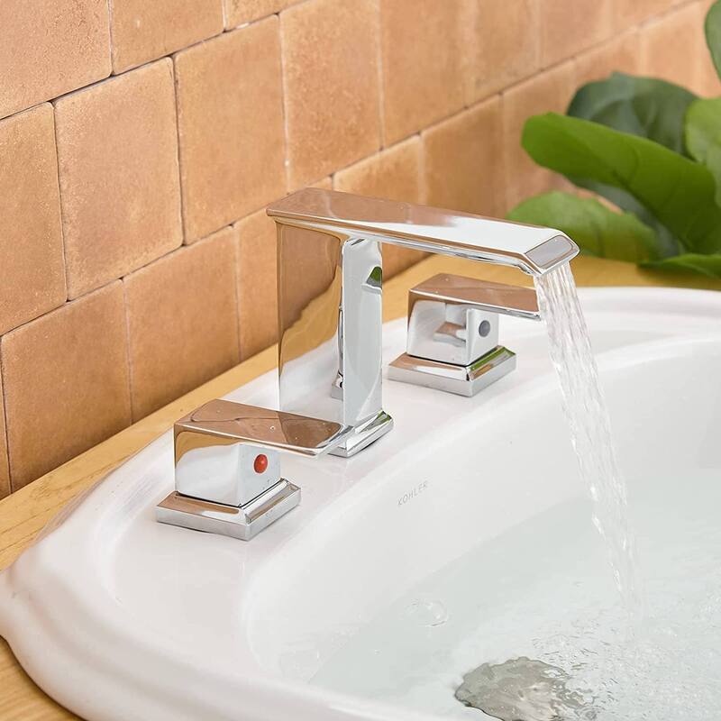 Waterfall Widespread Bathroom Faucet With Drain Assembly 3 Hole Bathroom Sink Faucets Double Handle 8 Inch Basin Vanity Taps