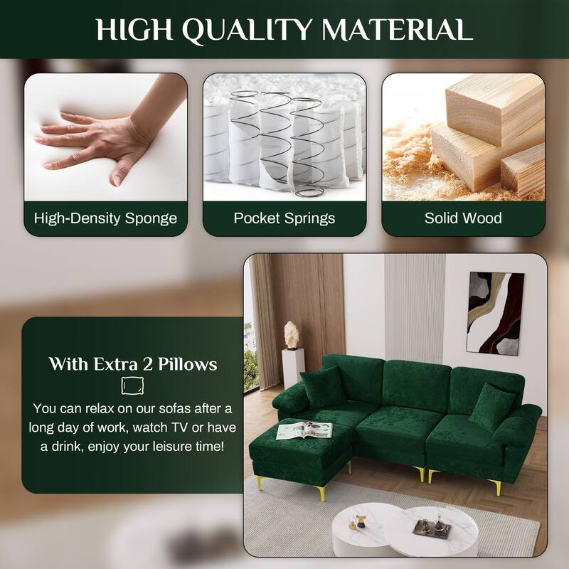 Ouyessir 2-Pieces Upholstered Velvet Sectional Sofa with 2 Pillows & Ottoman