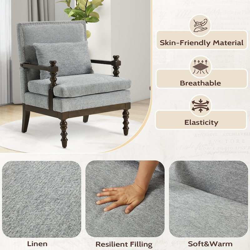 EROMMY Modern Accent Chair with Lumbar Pillow, Linen Fabric Spindle Arm Chair with Wood Frame for Living Room, Bedroom, Office