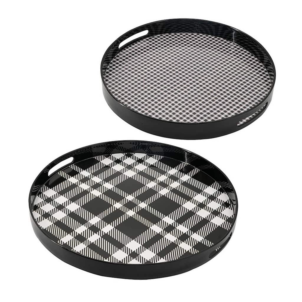 2 Piece Round Decorative Tray, Plastic Frame Black and White Plaid Print