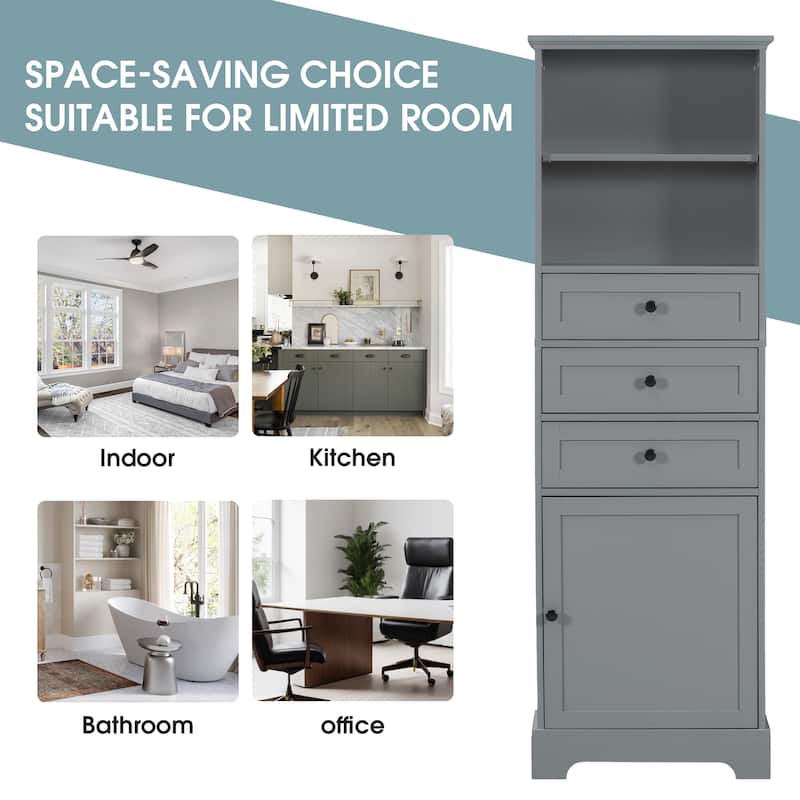 Tall Storage Cabinet with 3 Drawers and Adjustable Shelves