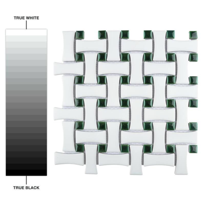 Merola Tile Metro Ion Dog Bone Basketweave Emerald Dot w/Matte White 10" x 10" Porcelain Mosaic Floor and Wall Tile