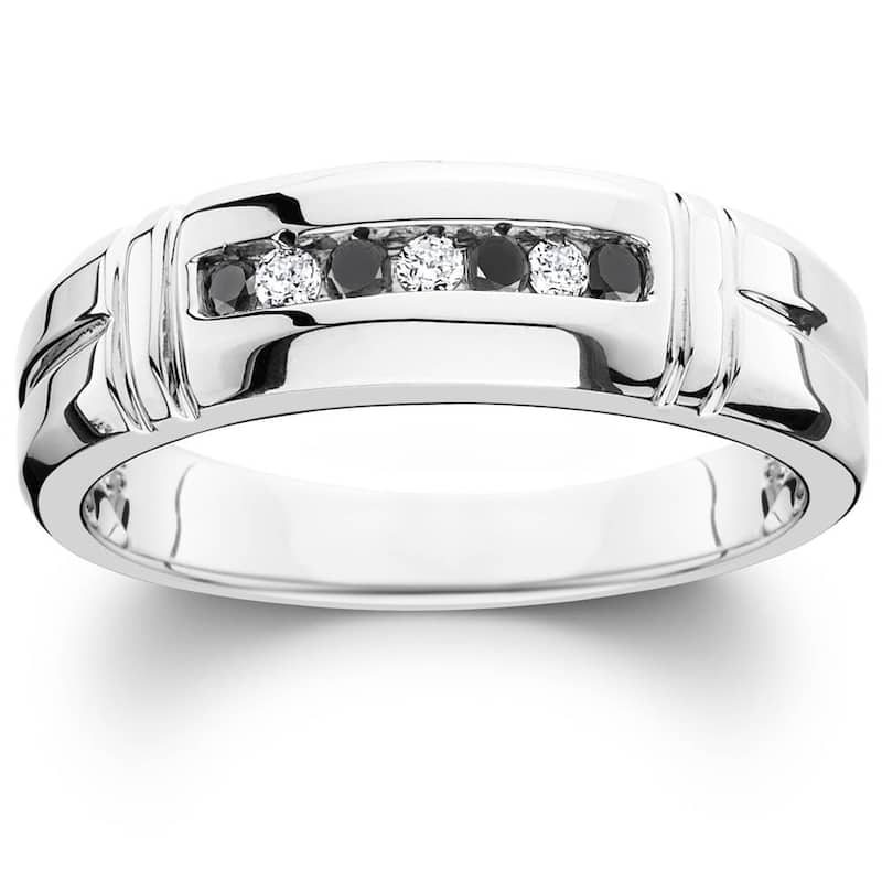 Bliss Diamond 1/3ct Black & White Diamond Mens Wedding Ring White Gold - 6