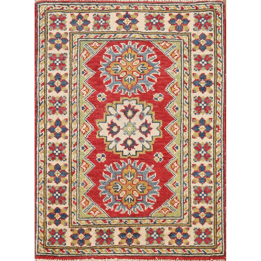 Geometric Kazak Oriental Foyer Rug Hand-Knotted Red Wool Carpet - 2'0"x 3'0"
