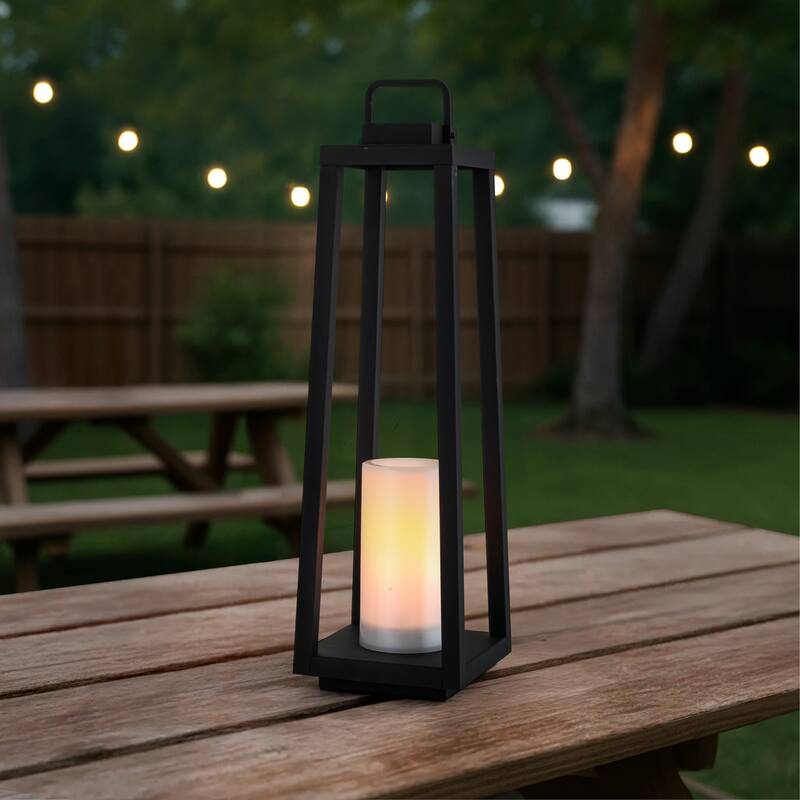 1 Light H16" Modern Matte Black Solar Lantern with Candle Shape Outdoor Light Decorative Portable Hanging LED Lights - W8'' - Matte Black