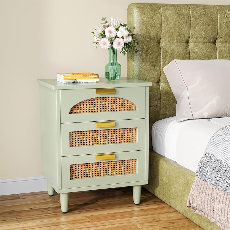 Rattan Nightstand, 3-Drawer Storage Bedside/End Table for Bedroom, Living Room, Sofa Side & Office