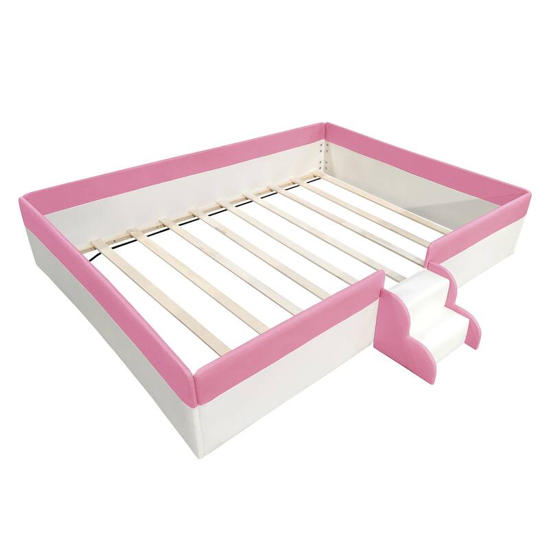 Queen Size Upholstered Daybed Frame with Fence and Stairs,(PINK+WHITE)