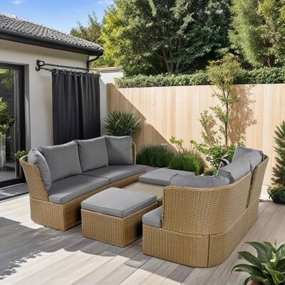Patio Conversation Furniture Set with Central Coffee Table, Outdoor Wicker Sofa Set with Thick Cushions For Backyard, Grey