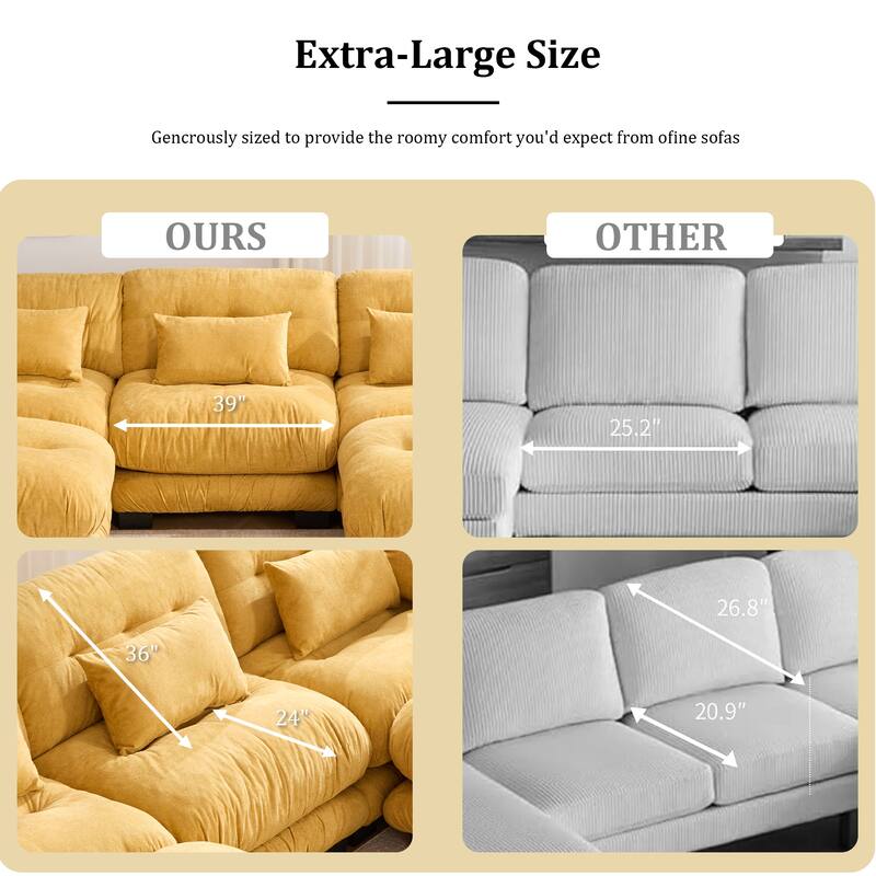 GALDWIN Velvet Upholstered 3-Seater Comfy U-shaped Cloud Tufted Free Combined Sectional Sofa with 2 Ottomans