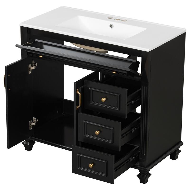 36" Bathroom Vanity with Ceramic Sink, Freestanding Bathroom Vanity Cabinet with Flip-Out Drawer, 3 Drawers & 2 Soft-Close Doors
