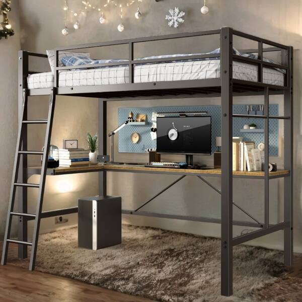slide 2 of 9, Modern Industrial Twin Size Metal Loft Bed with L-Shaped Desk and Charging Station Antique Black