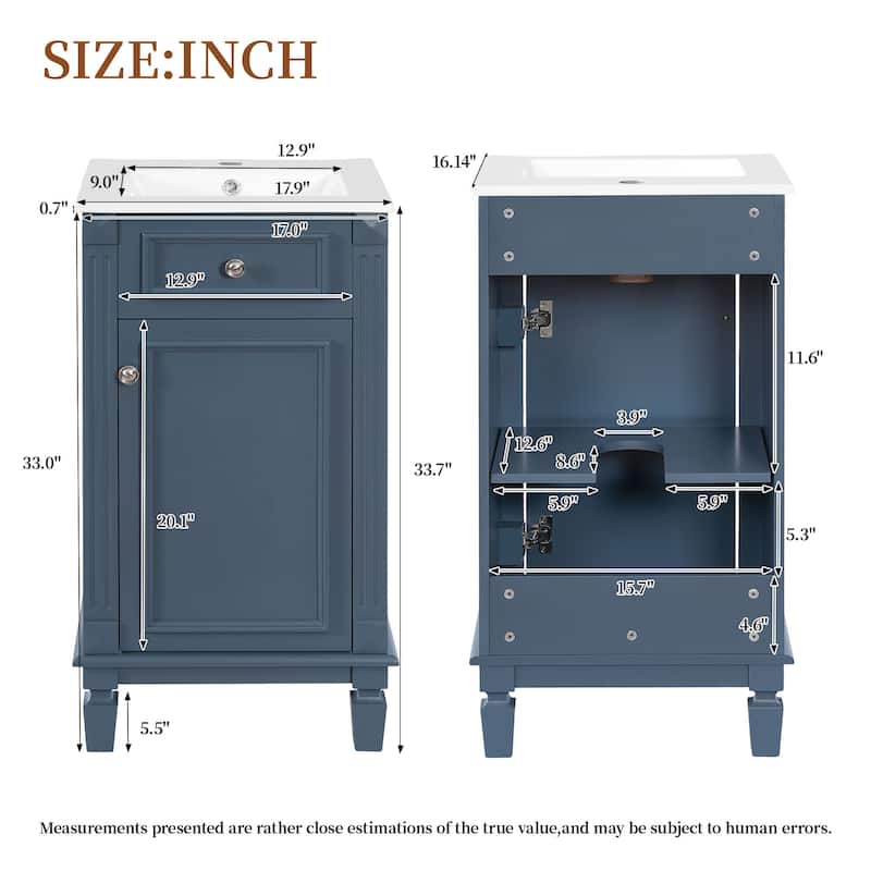 18" French Style Bathroom Vanity with Ceramic Sink, Freestanding Single Vanity with Soft-Close Door