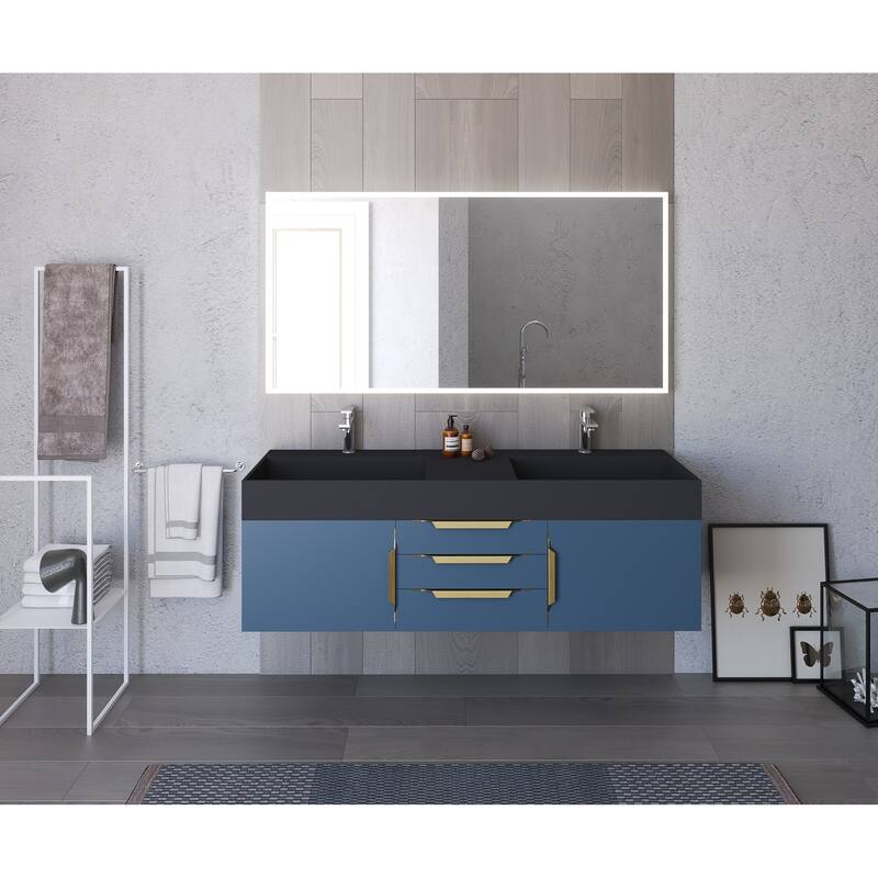 Amazon 60" Wall Mounted Bathroom Vanity Set w/ Black Top