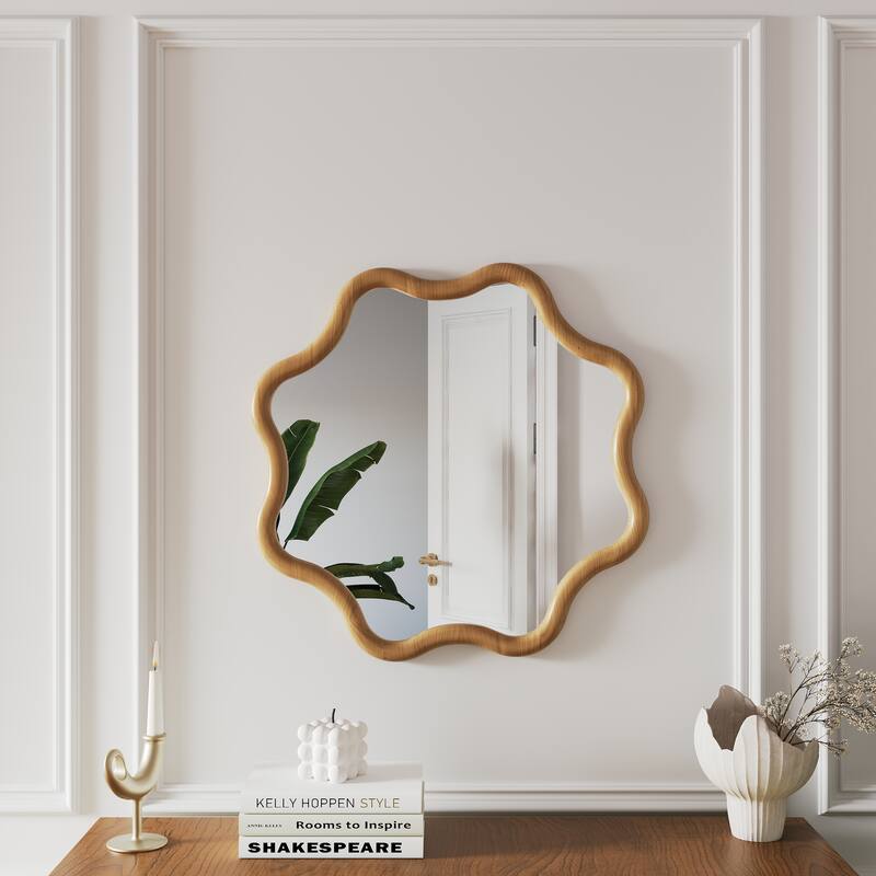 Polygonal wooden frame decorative mirror, art-style wall-mounted dressing mirror
