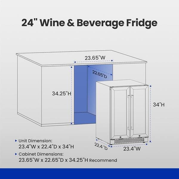 Yeego 24 inch Built-In French Door Dual Zone 20 Bottle Wine Refrigerator 60 Can Beverage Center - 24 inch