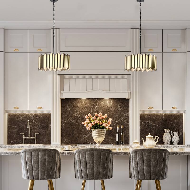 Tifany Modern Black 4-Light Drum Colored Glass Chandelier for Dining Room