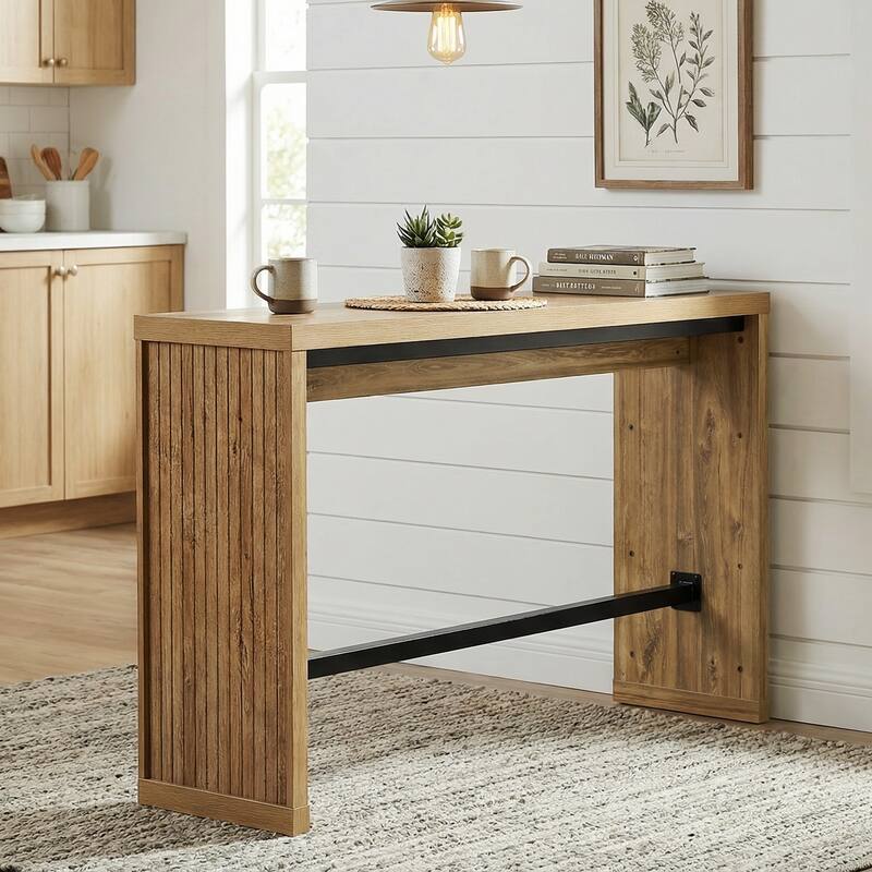 55 Inch Wooden Bar Table with Metal Footrest - 55.11" W x 15.59" D x 37.40" H