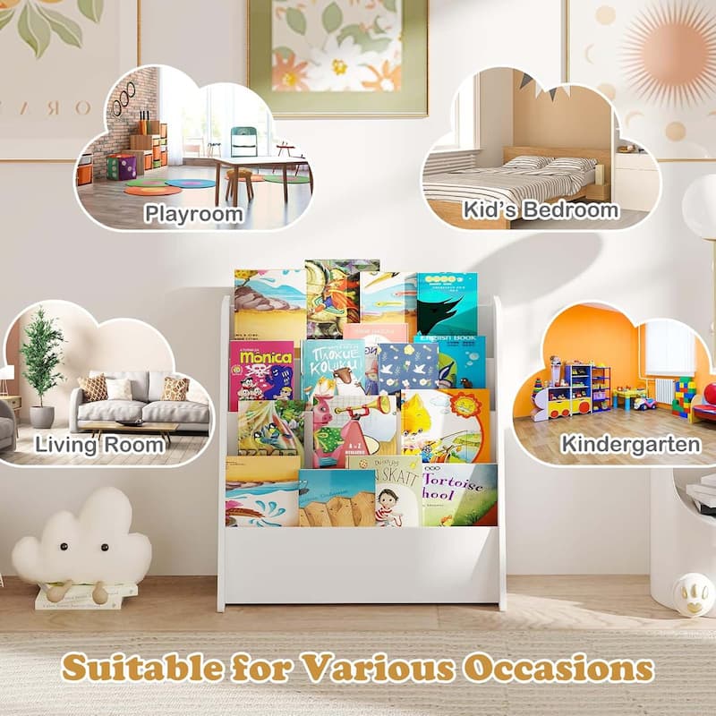 4-Tier Kids Bookshelf Wood Toddler Bookcase w/ Deep Display Shelf
