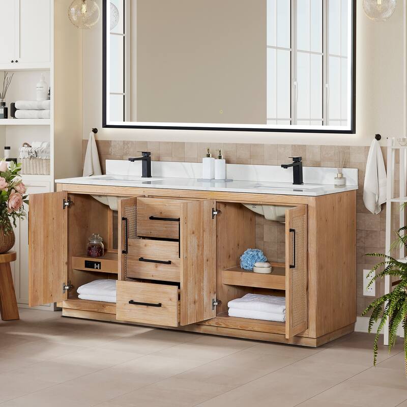 Floral Single Bathroom Vanity in Light Brown with Calacatta White Quartz Countertop without Mirror