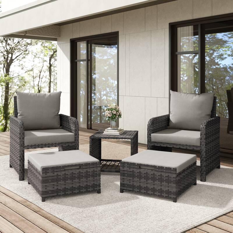 5-Piece PE Rattan Outdoor Patio Set with 2 Chairs, 2 Ottomans, Coffee Table