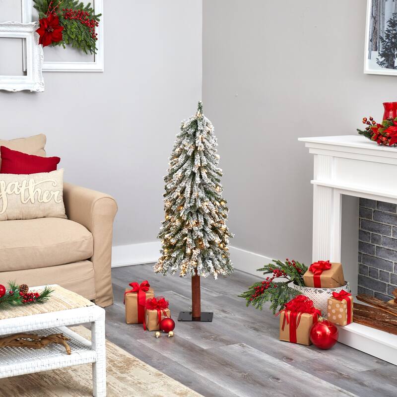 4ft. Flocked Grand Alpine Artificial Christmas Tree with 100 Clear Lights & 361 Branches on Trunk - Compact Winter X-Mas Accent