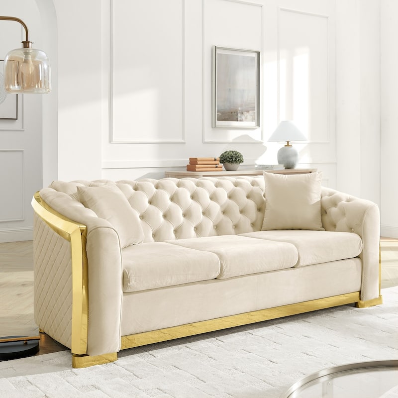 84" 3-Seater Velvet Button Tufted Sofa with Gold Steel Decoration