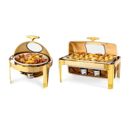 Stainless Steel Roll Top Chafing Dish 1 Round + 1 Rectangular