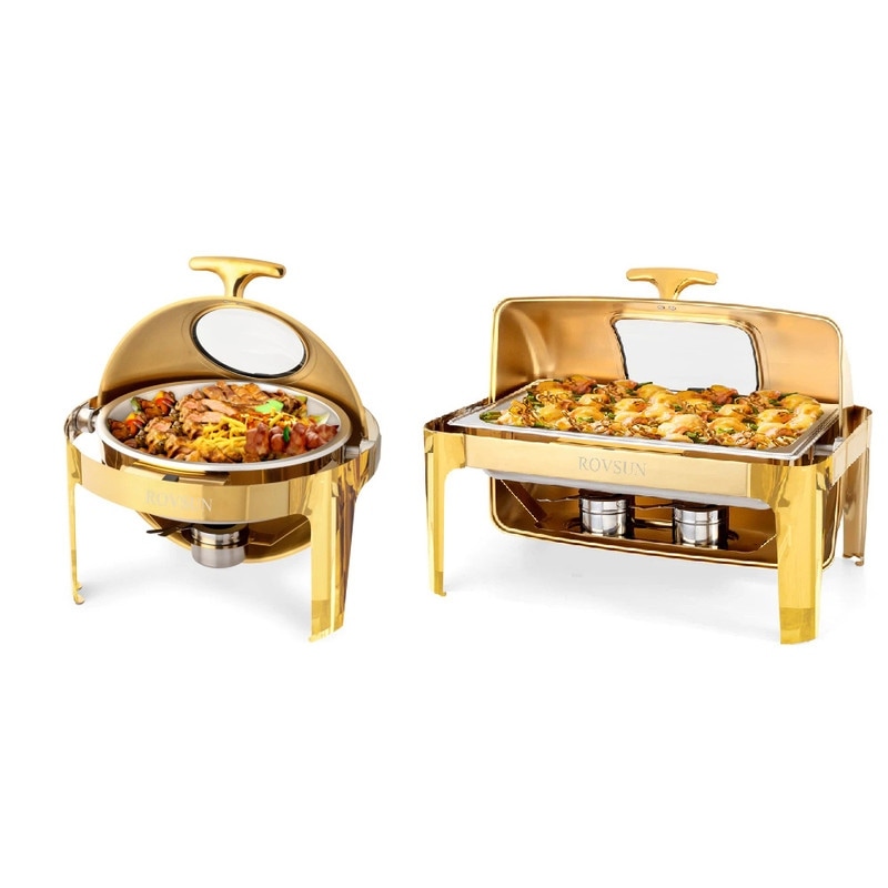 Stainless Steel Roll Top Chafing Dish 1 Round + 1 Rectangular