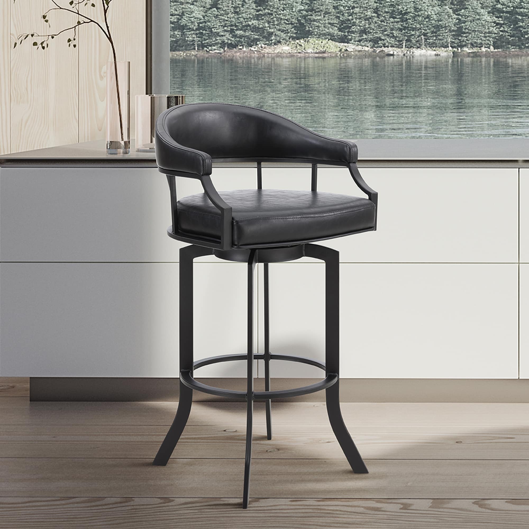 Pharaoh Black Faux Leather and Metal Swivel Bar/Counter Stool