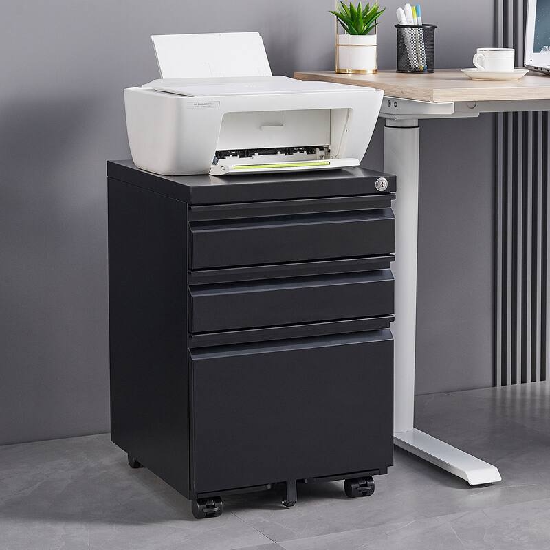 Modern 3-Drawer Mobile Filing Cabinet with Lock, Stationery Drawers and Removable Hanging Rods, for Home Office