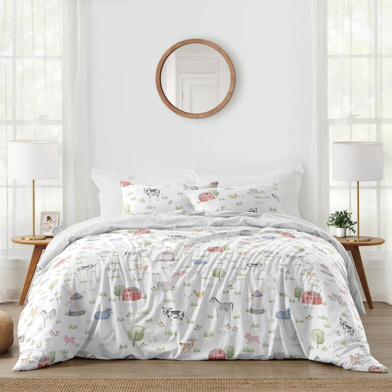 Farm Animals Collection Boy Girl 3-piece Full / Queen-size Comforter Set - Watercolor Farmhouse Lattice Horse Cow Sheep Pig