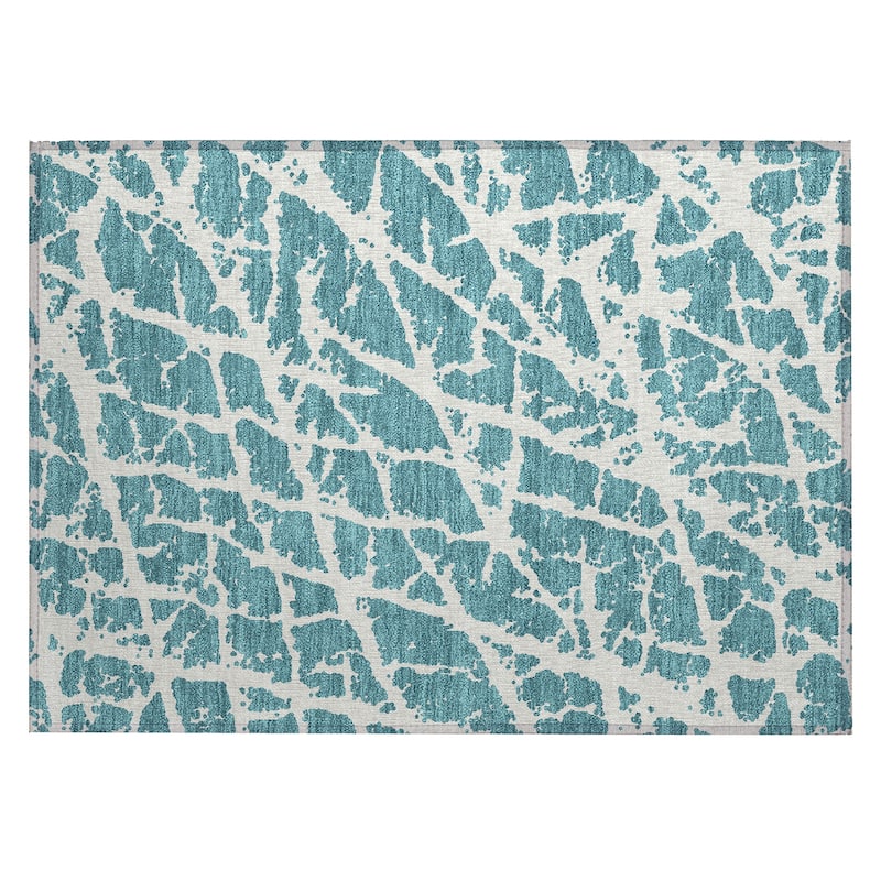 Machine Washable Indoor/ Outdoor Transitional Teal Crackle Chantille Rug