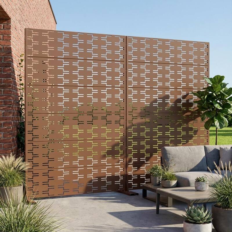 Outdoor Privacy Screen Metal Screen Fence Panel Set of 2 - Brown - 72"x47"