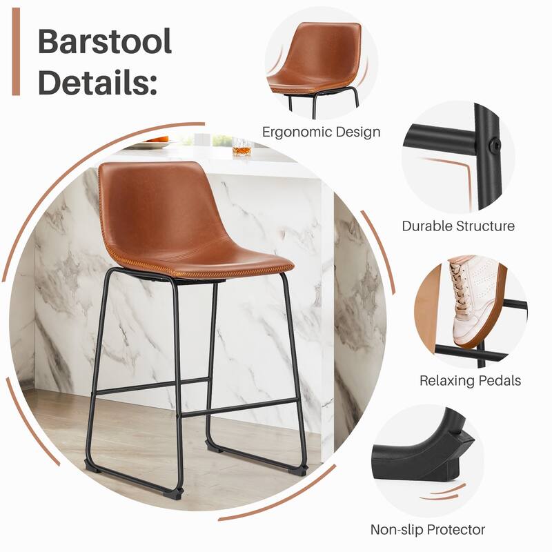 Classic Faux Leather 26 Inch Counter Height Bar Stools Set of 2 with Back and Metal Leg for Kitchen lsland
